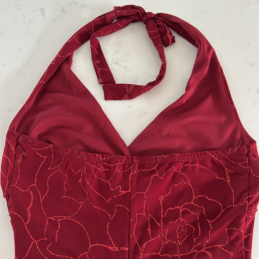 Mariposa Red Sparkly Halter Mini-Dress, V-neck. Size Small - Picture 11 of 13